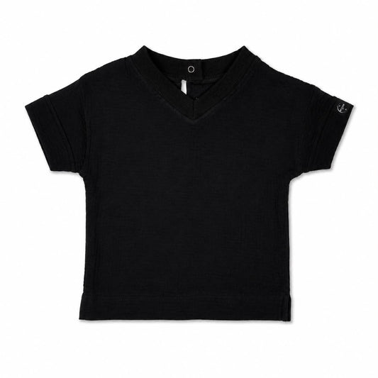 ECLIPSE baby T-shirt detail — V-notch neckline and flatlock seams, premium cotton