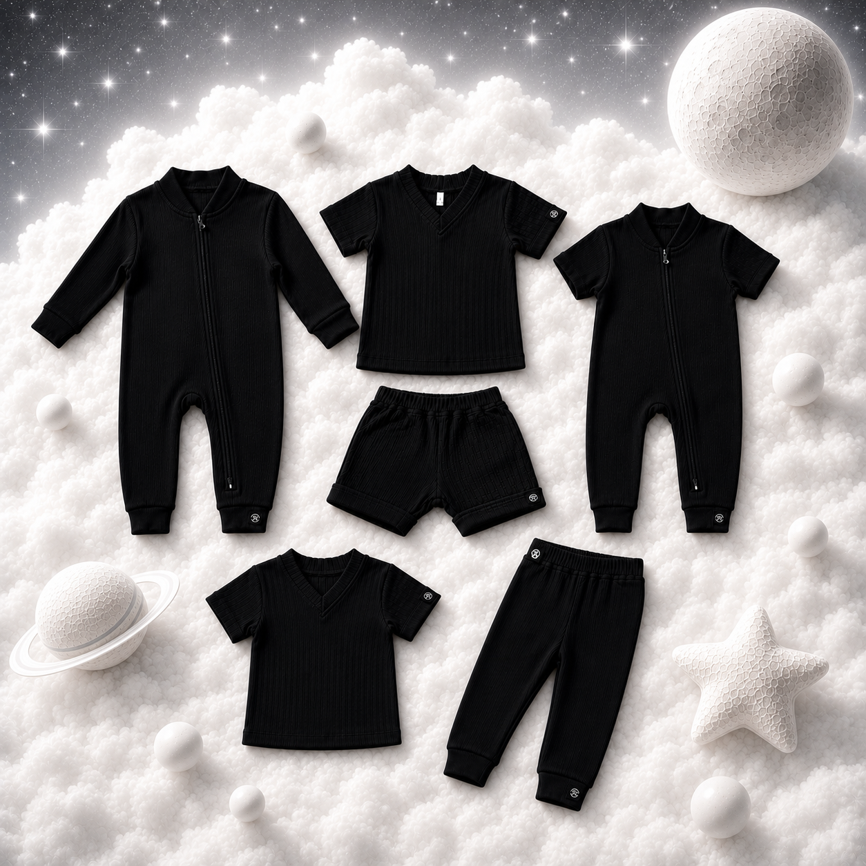 ECLIPSE Collection full set flat lay — long romper, short romper, T-shirt, shorts and lounge pants in monochrome black, MILKY WAY BABY