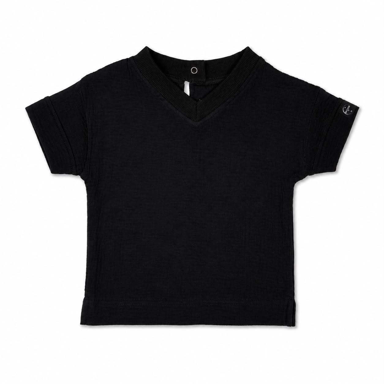 ECLIPSE baby T-shirt detail — V-notch neckline and flatlock seams, premium cotton