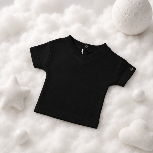 ECLIPSE baby T-shirt in monochrome black — front flat lay, 100% cotton, unisex