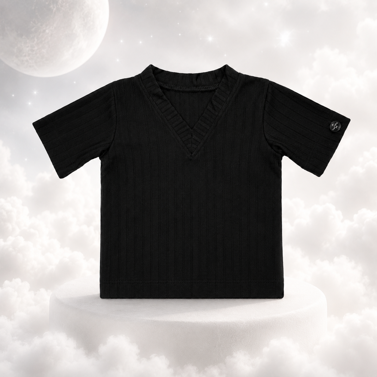 ECLIPSE baby lounge PJ top in black — v neck, textured rayon, flat lay

