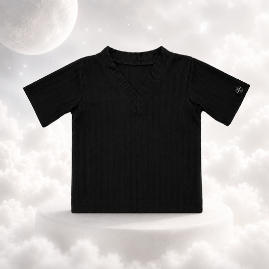 ECLIPSE baby lounge PJ top in black — v neck, textured rayon, flat lay
