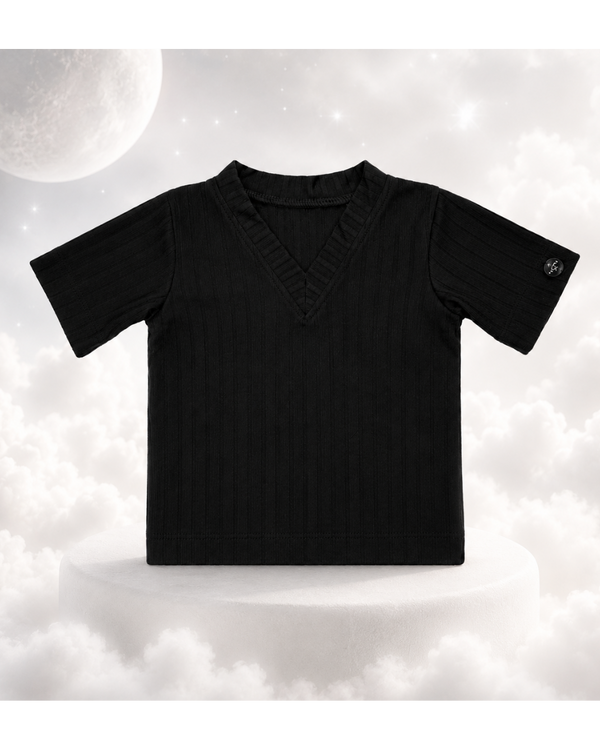 ECLIPSE baby lounge PJ top in black — v neck, textured rayon, flat lay
