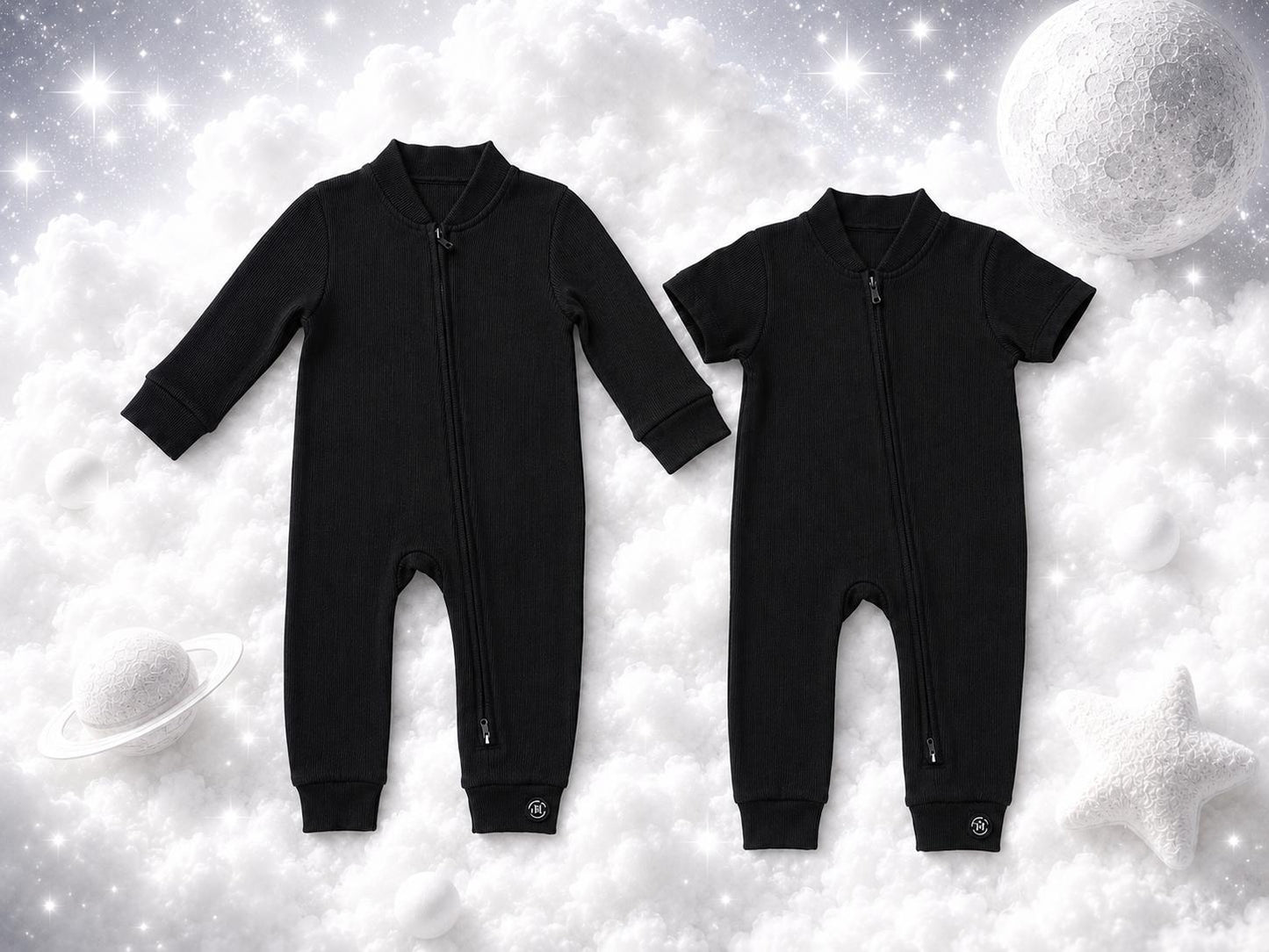 ECLIPSE baby romper set — long and short sleeved rompers together, flat lay
