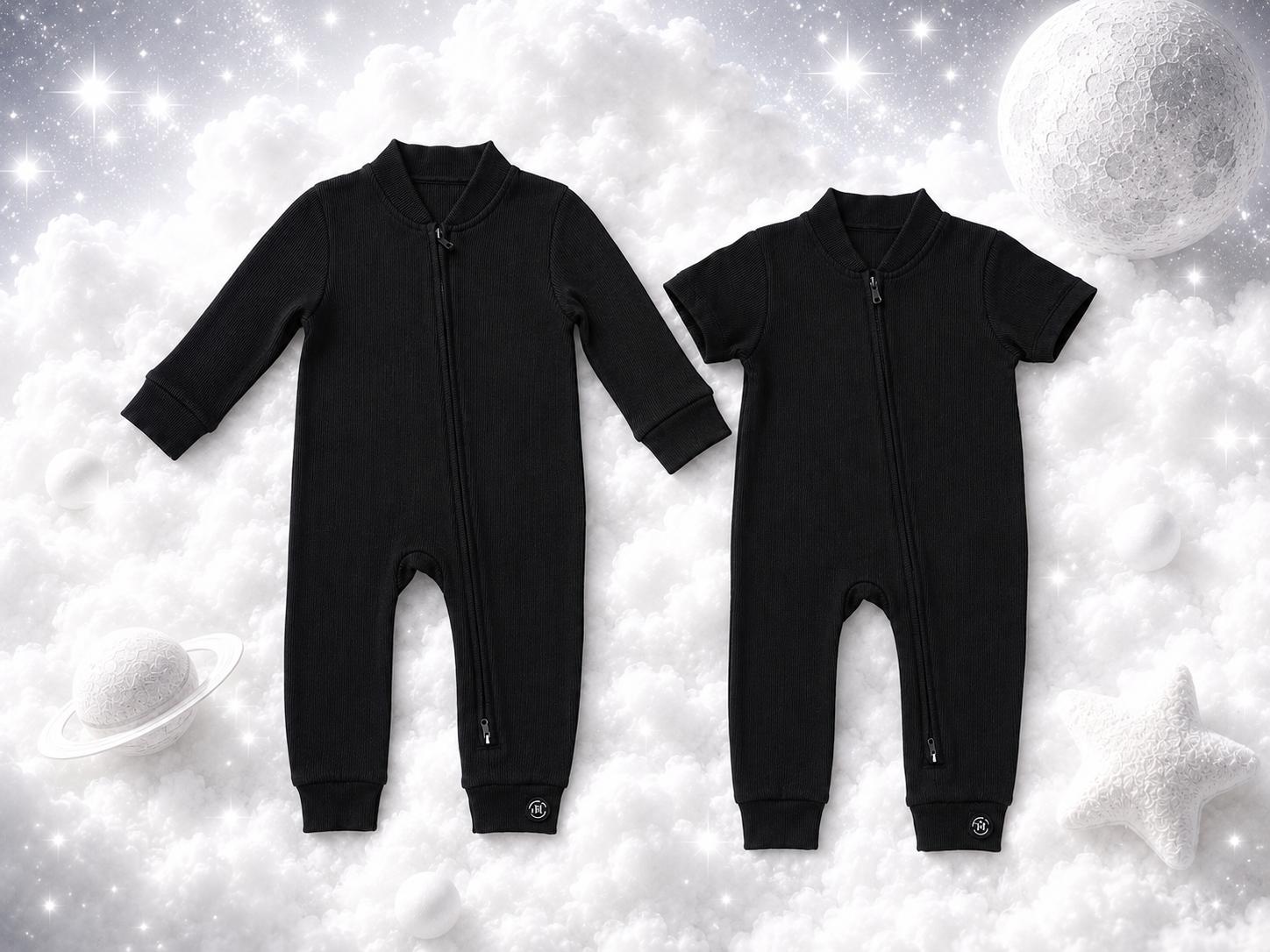 ECLIPSE baby romper set — long and short sleeved rompers together, flat lay

