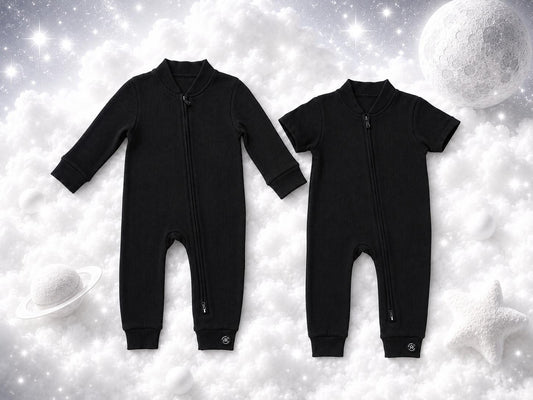 ECLIPSE baby romper set — long and short sleeved rompers together, flat lay
