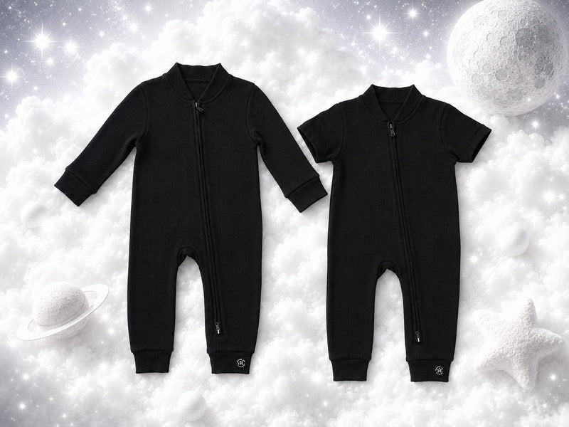 ECLIPSE baby romper set — long and short sleeved rompers together, flat lay
