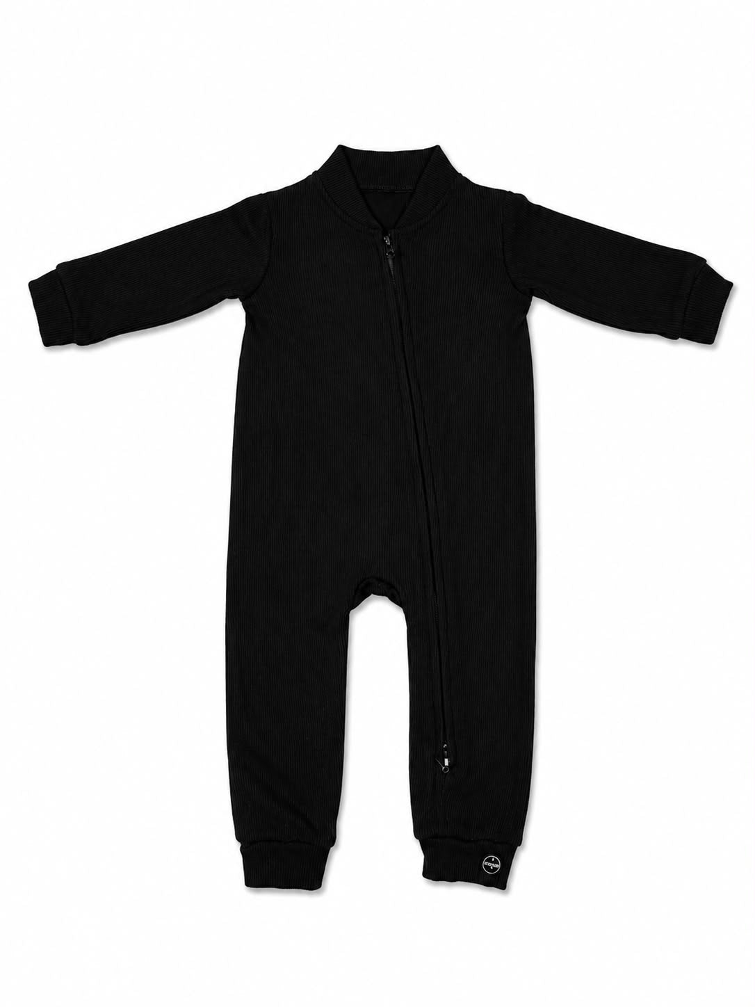 ECLIPSE long romper detail — 2-way zip and ribbed cuffs, 95% rayon 5% spandex
