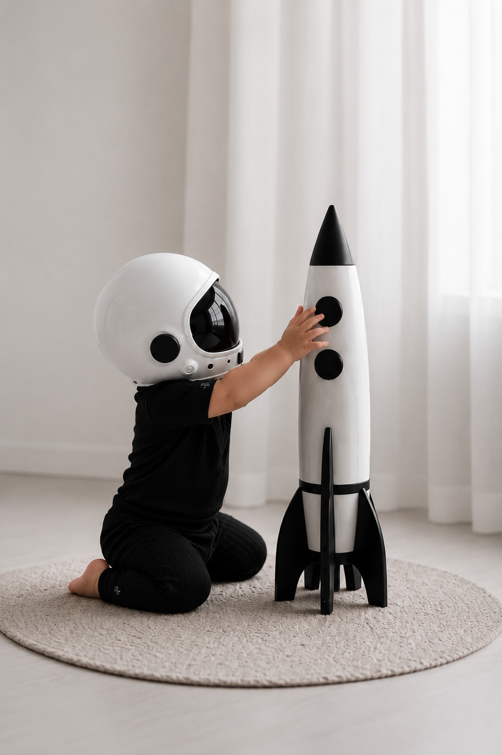 ECLIPSE Collection lifestyle — toddler in monochrome black with astronaut helmet, celestial nursery setting, MILKY WAY BABY