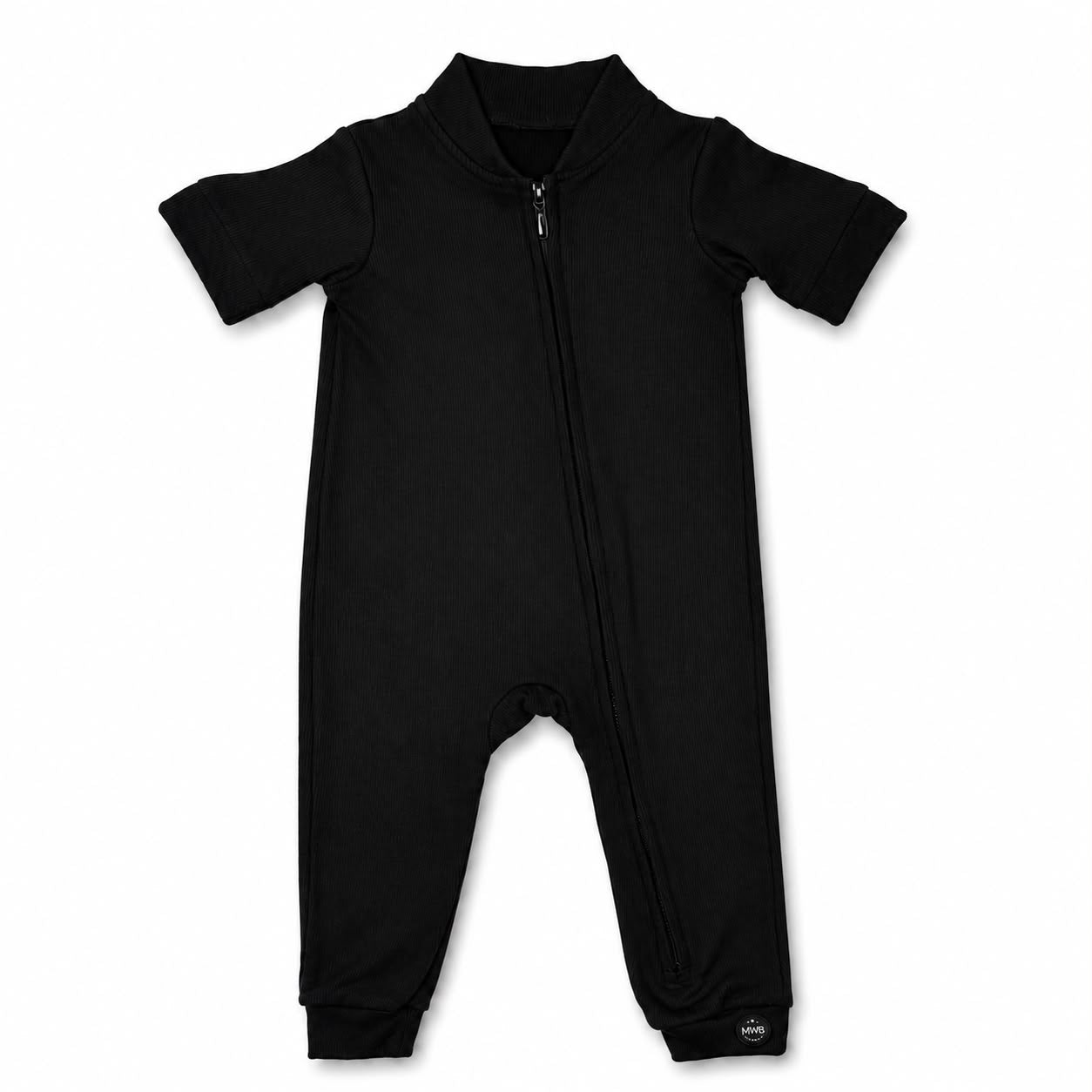 ECLIPSE short romper detail — 2-way zip and ribbed cuffs, soft rayon spandex blend
