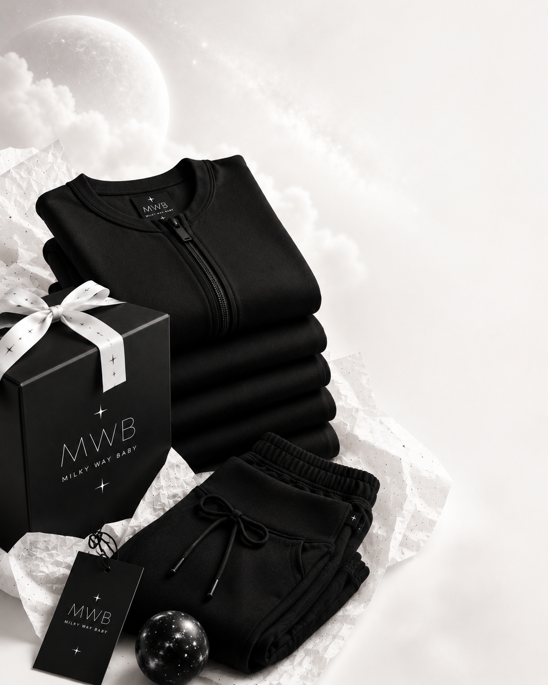 A folded black sleepwear set from MWB, including a zip-up long-sleeve top and matching sweatpants, arranged with a black gift box, white ribbon, and hangtag on a white textured surface with a soft cloud background.