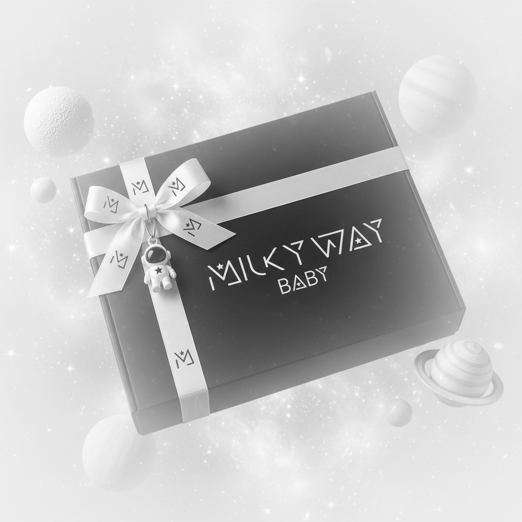  MILKY WAY BABY gift box — black luxury packaging with branded white ribbon, astronaut charm and celestial motif
