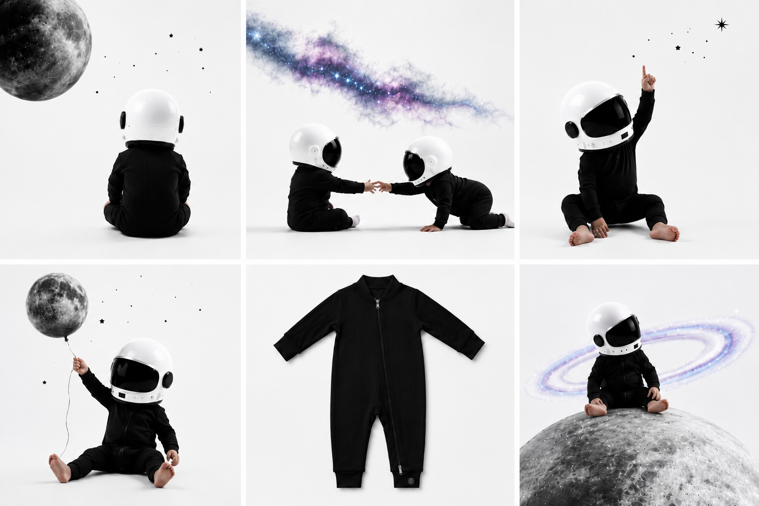 A six-panel collage showing a baby wearing a black one-piece astronaut jumpsuit and white space-themed props, including helmets, a moon, and a galaxy print, with one panel showing the jumpsuit laid flat against a white background.