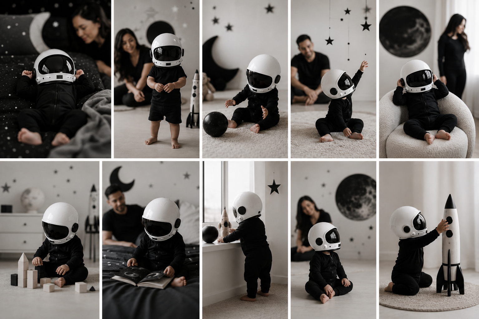 ECLIPSE Collection lifestyle — toddler in monochrome black with astronaut helmet, celestial nursery setting, MILKY WAY BABY