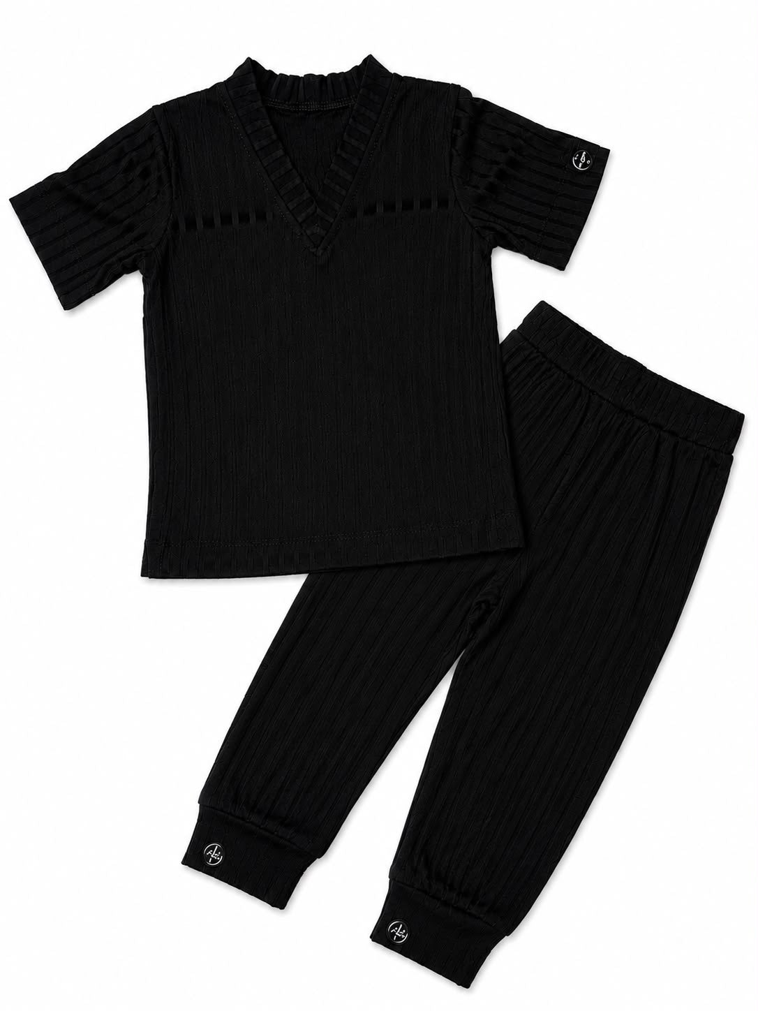 ECLIPSE baby lounge set — top and pants styled together, monochrome black